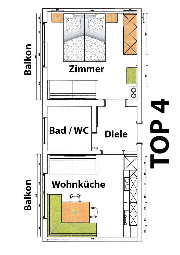 Grundrissplan Appartement TOP 4 für 2 bis 3 Personen