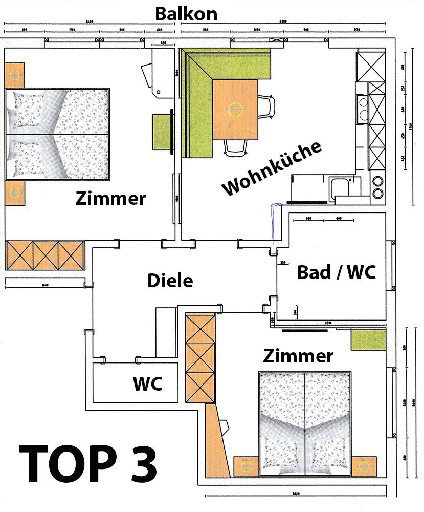 Grundrissplan Appartement TOP 3 für 4 Personen